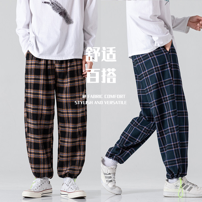 日系主推纯棉格子休闲长裤男款直筒裤宽松潮款,男装休闲裤,星座1106-3（原星座1111）