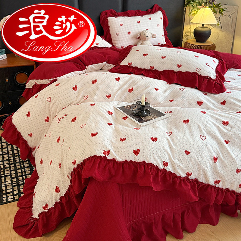 浪莎复古花边泡泡棉皱皱纱四件套床盖款床上加厚被套夹棉床裙床单