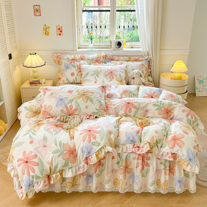 公主风全棉夹棉床笠式床裙四件套花边纯棉席梦思床罩四季通用床套
