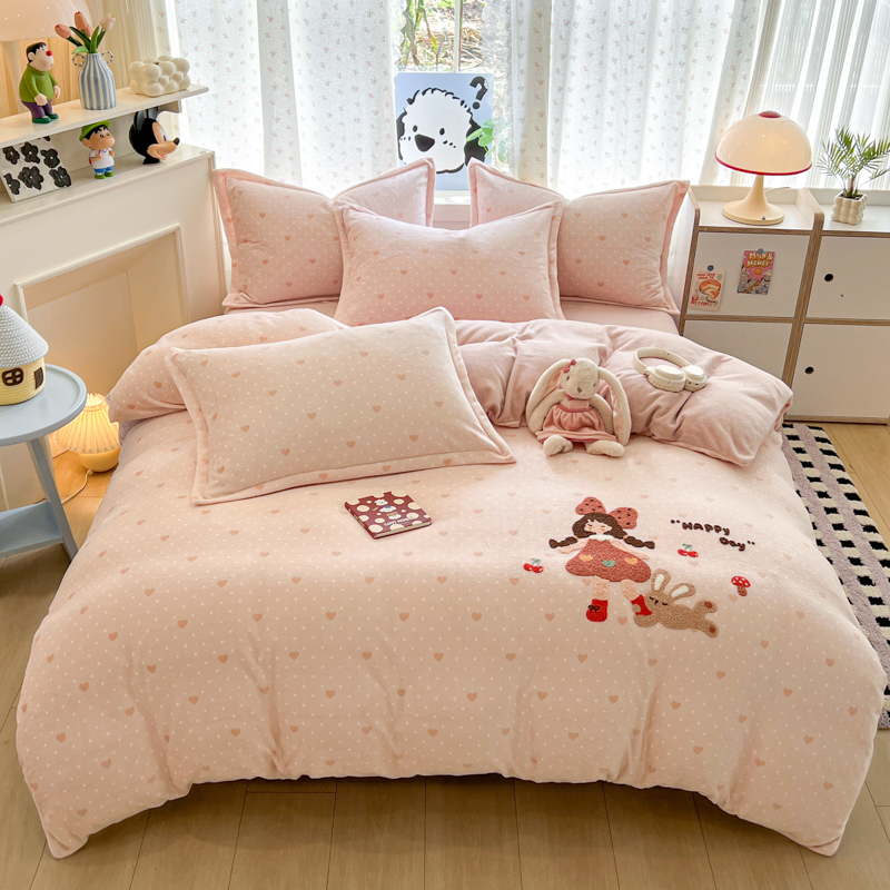 秋冬季牛奶绒被套单件卡通毛巾绣