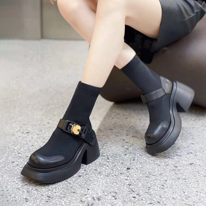 WOMENS SHOES ON  : STRETCH BOOTS SOCK BOOTS BLOCK HEEL THICK SOLE HEIGHTENED SKINNY BOOTS GENUINE LEATHER MARY JANE SKINNY BOOTS TIDE