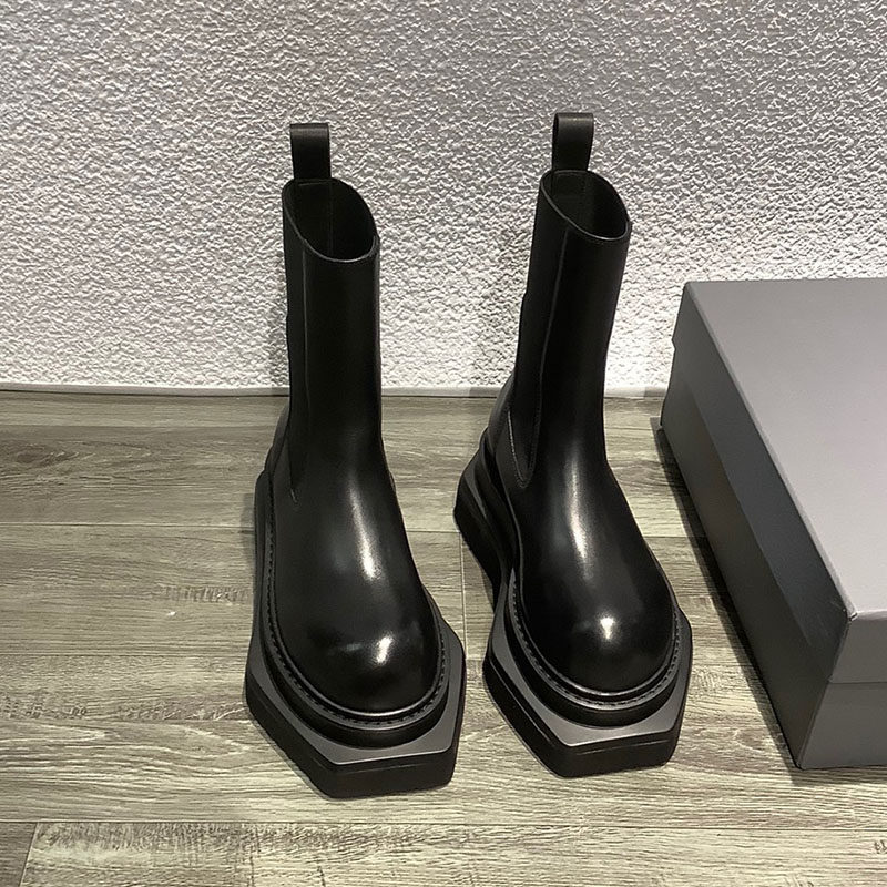 WOMENS SHOES NICHE LEATHER CHELSEA BOOTS EUROPE AND THE UNITED STATES THICK-SOLED INCREASED SLEEVE MARTIN BOOTS BLACK HIGH-HEELED MUFFIN BOTTOM BOOTS