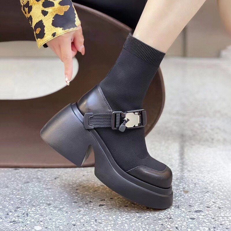 WOMENS SHOES ON  : STRETCH BOOTS SOCK BOOTS BLOCK HEEL THICK SOLE HEIGHTENED SKINNY BOOTS GENUINE LEATHER MARY JANE SKINNY BOOTS TIDE
