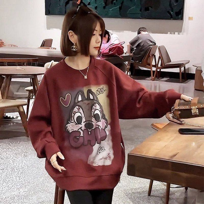 春秋慵懒风百搭宽松套头卫衣韩版侧拉链甜美可爱图案休闲长袖T恤