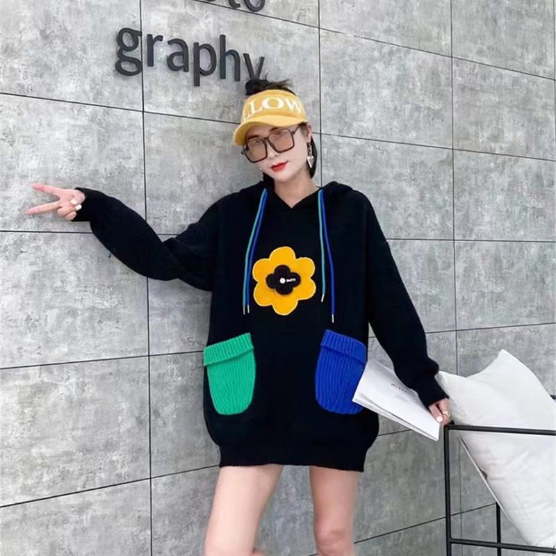 慵懒风甜美太阳花口袋连帽女针织衫上衣韩版松弛感百搭毛衣小外套