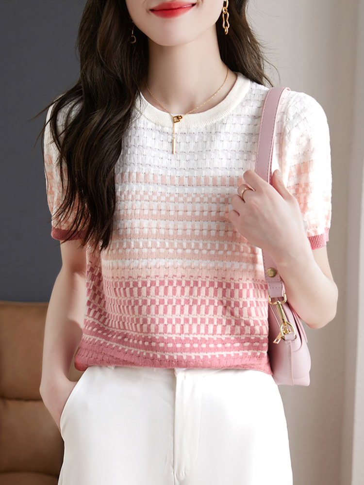 圆领设计感条纹渐变色冰爽丝上衣