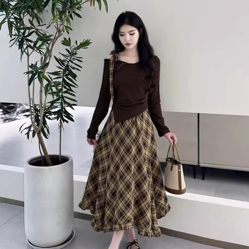 简约不规则露肩长袖T恤格纹A字半身裙两件套女春秋气质时尚套装裙,女装/女士精品,连体衣/裤,淘宝优惠券,粉丝福利购,淘宝优惠卷