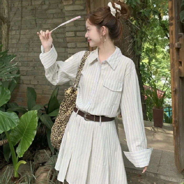 条纹配腰带长袖Polo领衬衫连衣裙女春秋甜美超好看的A字连衣短裙