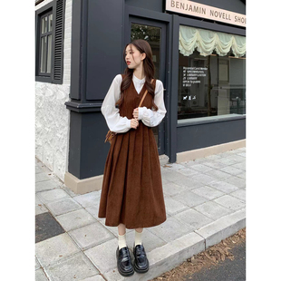 春季白色长袖衬衫减龄A字背心连衣裙两件套女韩版甜美时尚套装裙