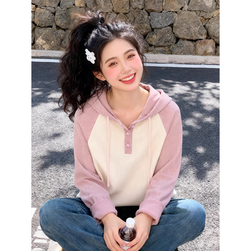 春秋甜美拼色连帽宽松卫衣长袖T恤韩版高级感洋气长袖打底衫上衣,女装/女士精品,卫衣/绒衫,淘宝优惠券,粉丝福利购,淘宝优惠卷