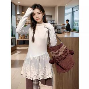 春秋小个子蕾丝拼接长袖A字连衣裙女韩版甜美超好看纯色初恋短裙