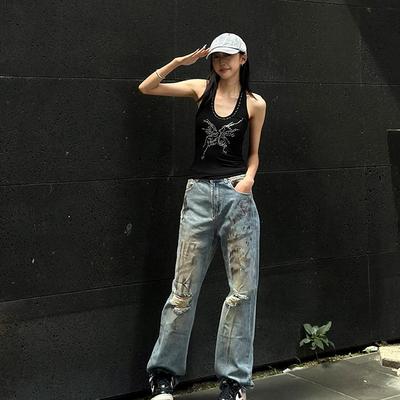 HELIPORT停机坪 破洞脏脏牛仔裤男女潮牌休闲美式破洞直筒长裤