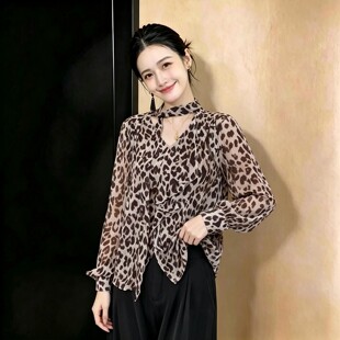 洋气时尚V领飘带荷叶边衬衫女款微胖mm气质长袖宽松显瘦豹纹衬衣