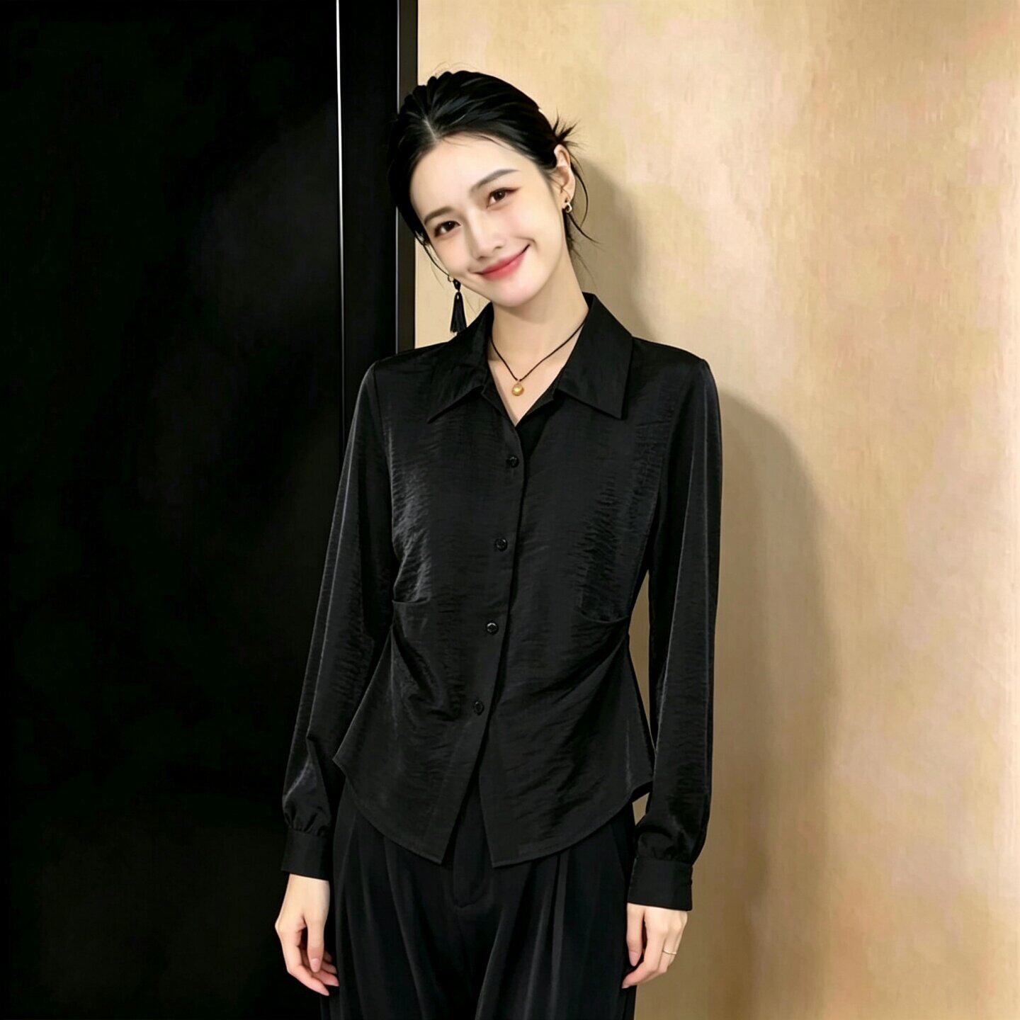 简约风通勤百搭黑色显瘦收腰衬衫女装大码长袖开衫POLO领时尚衬衣