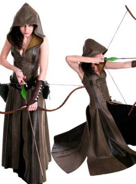 跨境新品中世纪女武士装wish长皮衣Women's medieval warrior女。