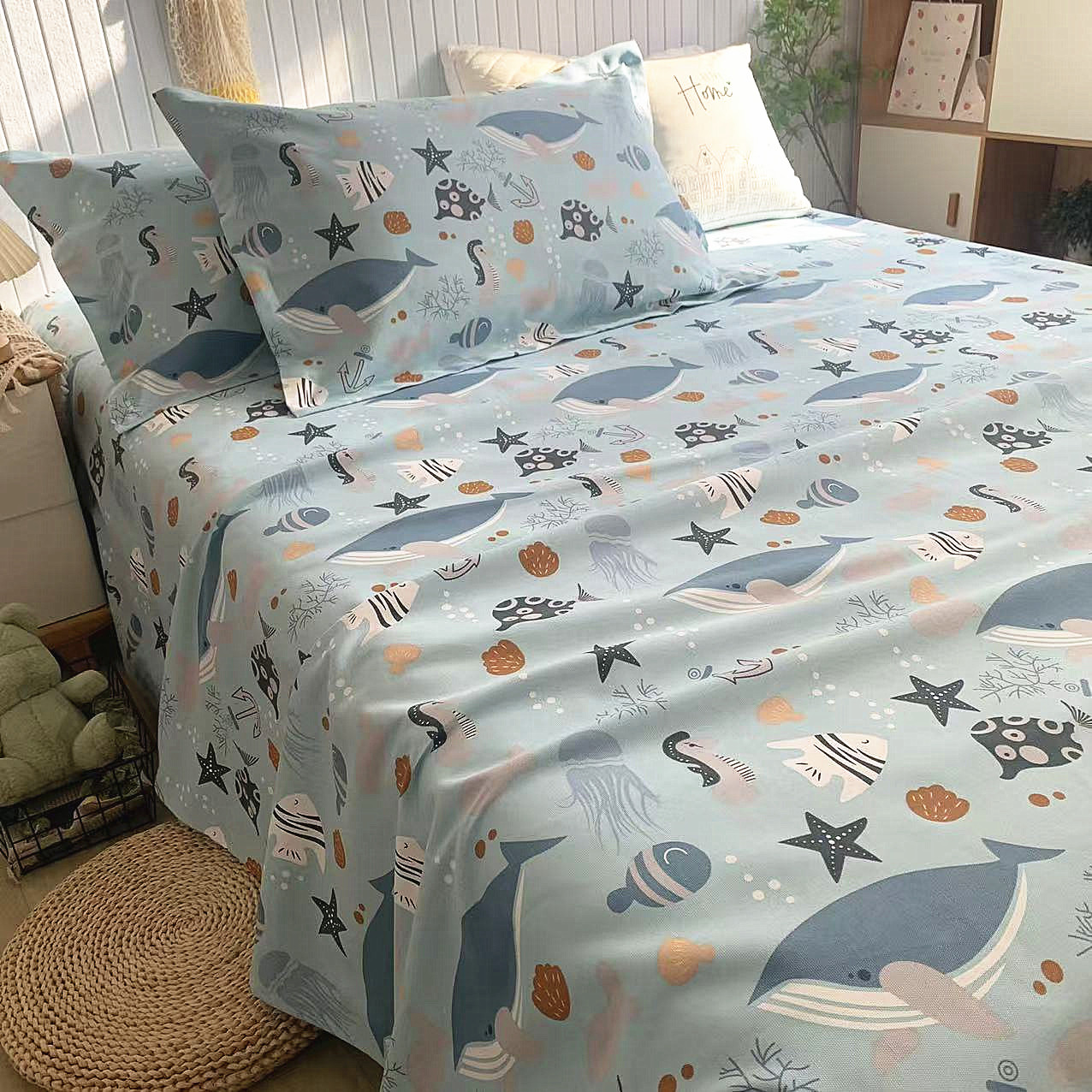 海底世界高档纯棉老粗布床单三件套全棉帆布儿童卡通榻榻米大炕单,床上用品,床单,淘宝优惠券,粉丝福利购,淘宝优惠卷