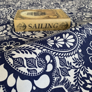 2.4宽纯棉帆布中国民族风复古青花瓷床单 布料蓝花布桌布窗帘面料