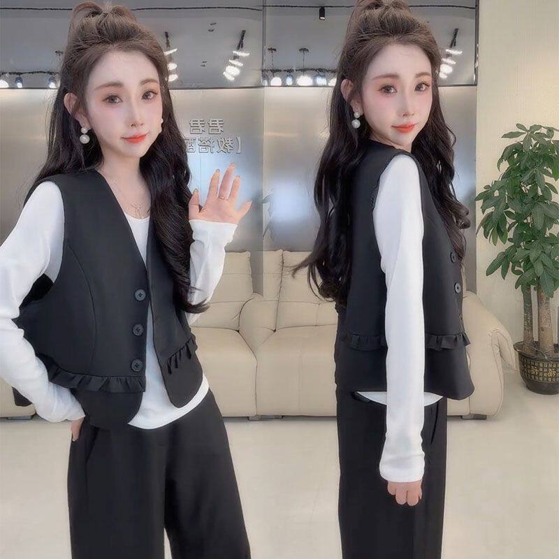 马甲打底衫阔腿裤三件套女春秋
