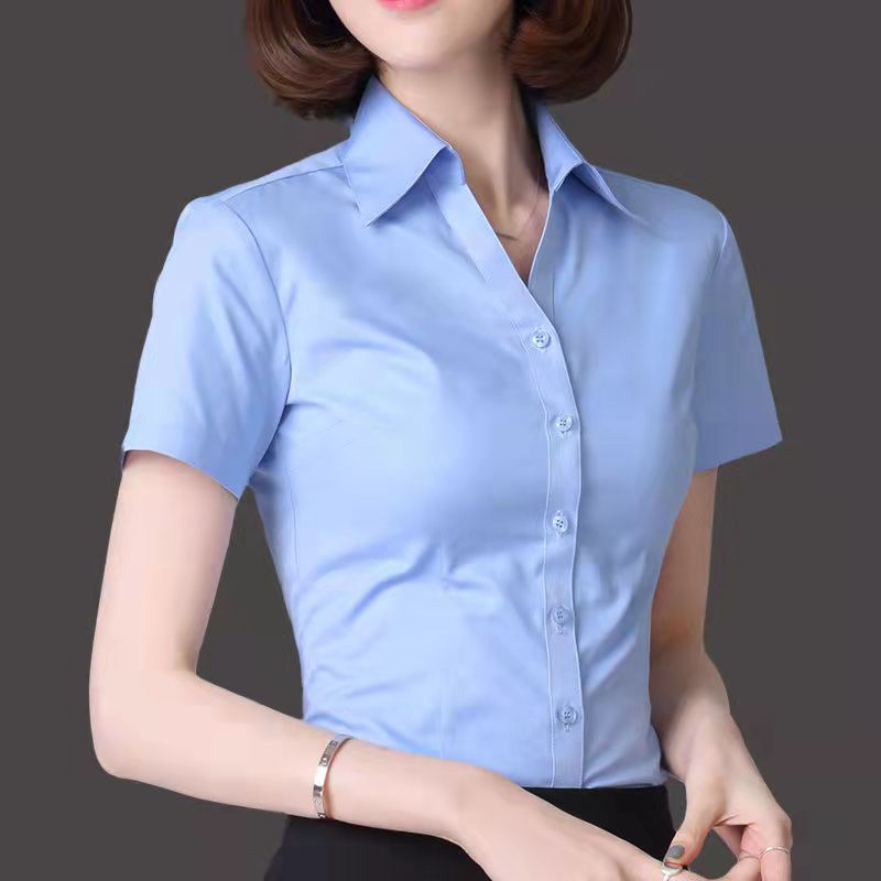 ACHU阿初夏季V领蓝色衬衫女短袖职业装正装工作服韩版白色衬衣女