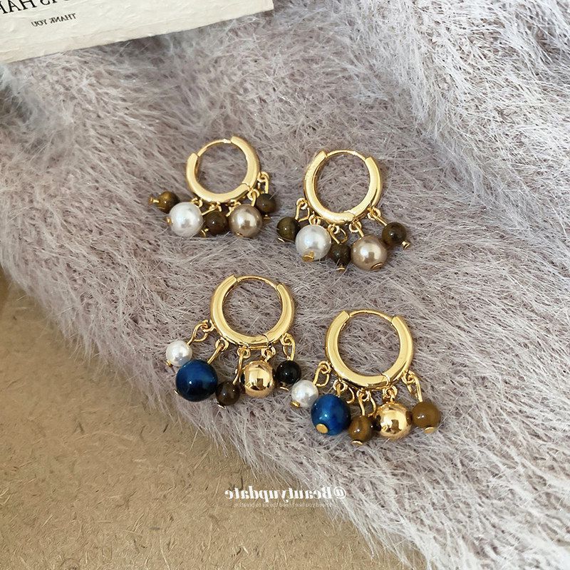 18真金电镀虎眼石串珠珍珠耳扣