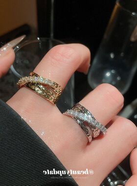 戒指开口交叉三层气质高级感锆石戒轻奢跨境食指欧美指环百搭时尚