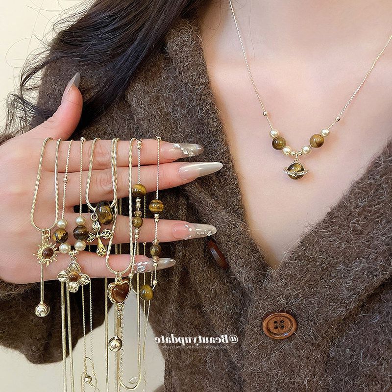 复古虎眼石十字架吊坠项链美拉德