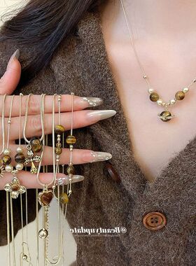 复古虎眼石十字架吊坠项链美拉德