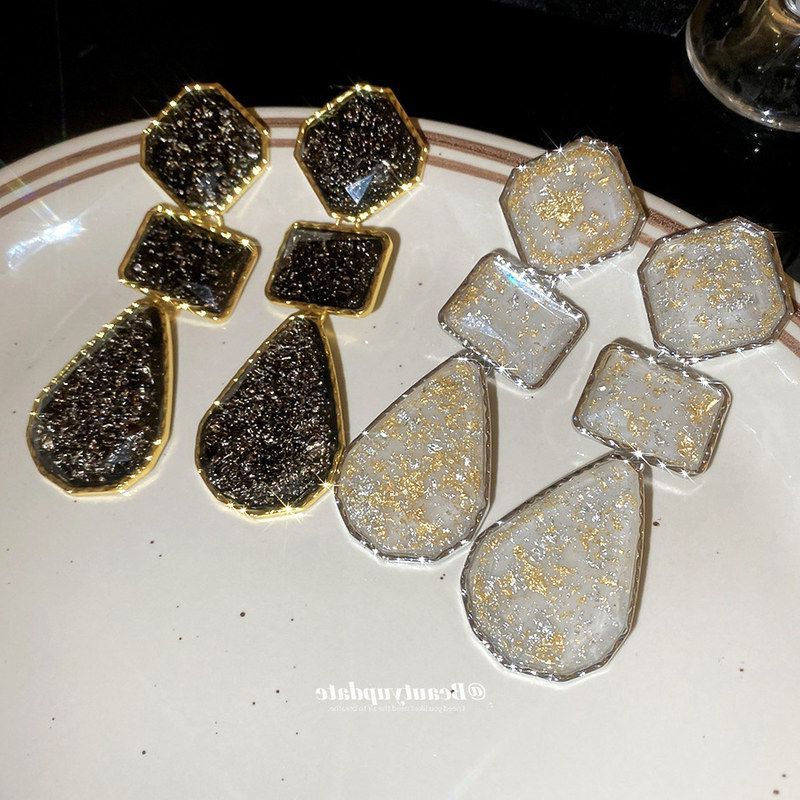 银针树脂方形水滴吊坠耳钉复古轻奢高级感耳环欧美跨境夸张耳饰女