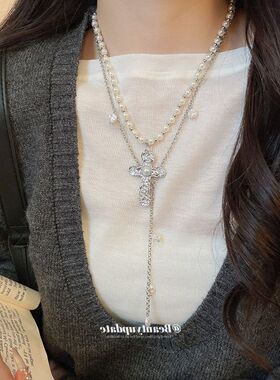 冷淡风小众ins链颈链十字架毛衣链项链珍珠韩系风双层设计感锁骨