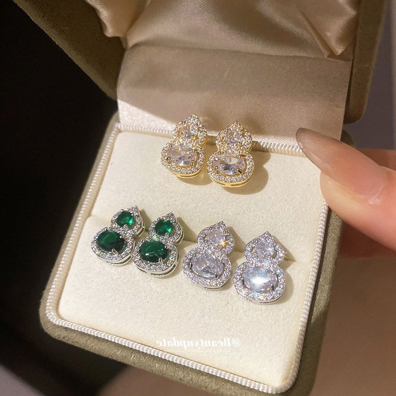 银针新中式锆石葫芦耳钉简约日常