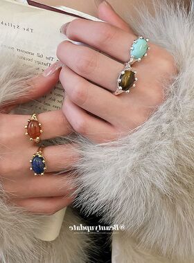 真金电镀石头椭圆形开口戒指欧美