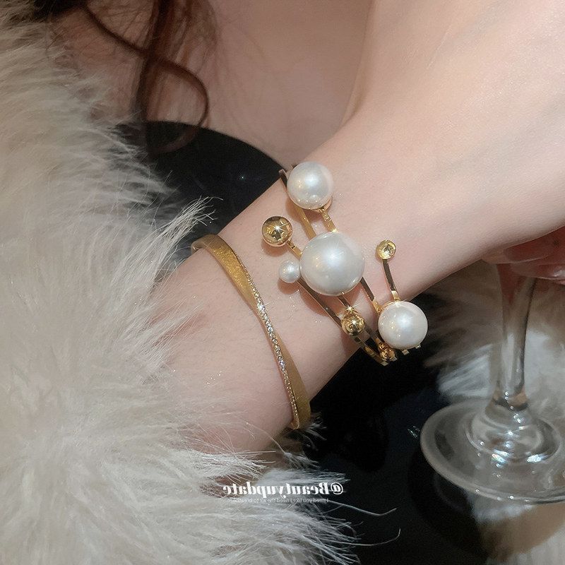 法式多层镂空珍珠开口手镯精致