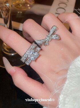锆石高级感开口指环设计感小众戒指蝴蝶结时尚食指交叉气质戒轻奢