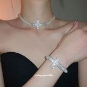 镶钻十字架珍珠项链手链甜酷风潮流百搭首饰套装 轻奢高级感饰品女