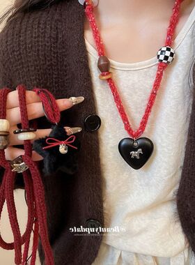 针织绳星星爱心吊坠项链复古轻奢