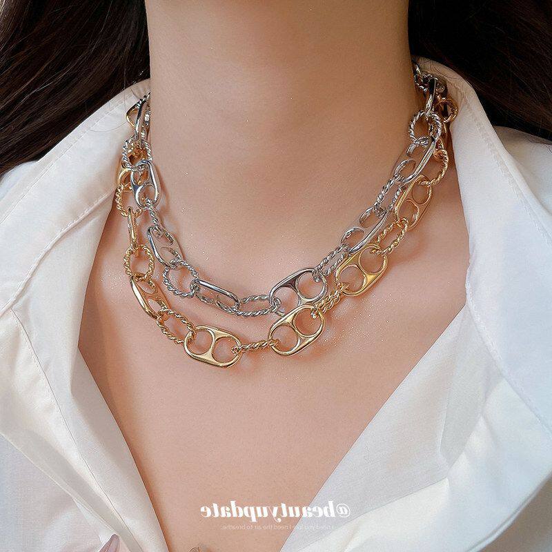 欧美跨境金属链条拼接项链个性潮流百搭锁骨链设计感小众毛衣链女