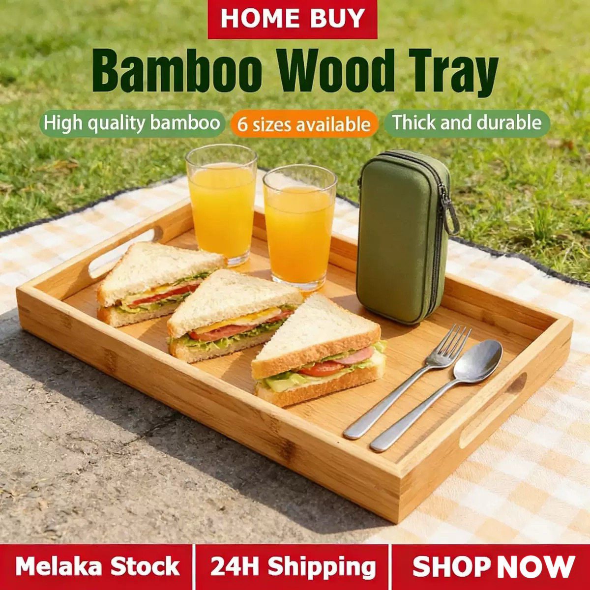Bamboo Serving Tray with Handles - Large Rectangular Wooden