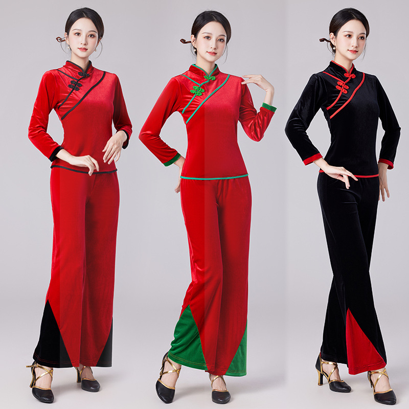 杨丽萍广场舞服装套装新款金丝绒运动长袖冬保暖跳古典民族风衣服