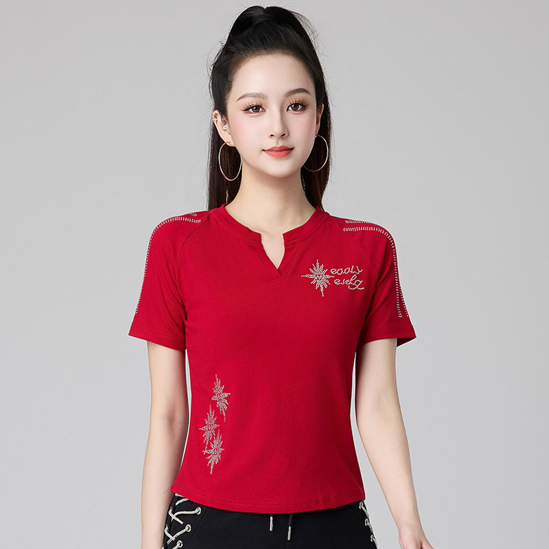 夏季新款杨丽萍广场舞服装星星烫钻V领上衣棉T恤运动跳操舞蹈上衣