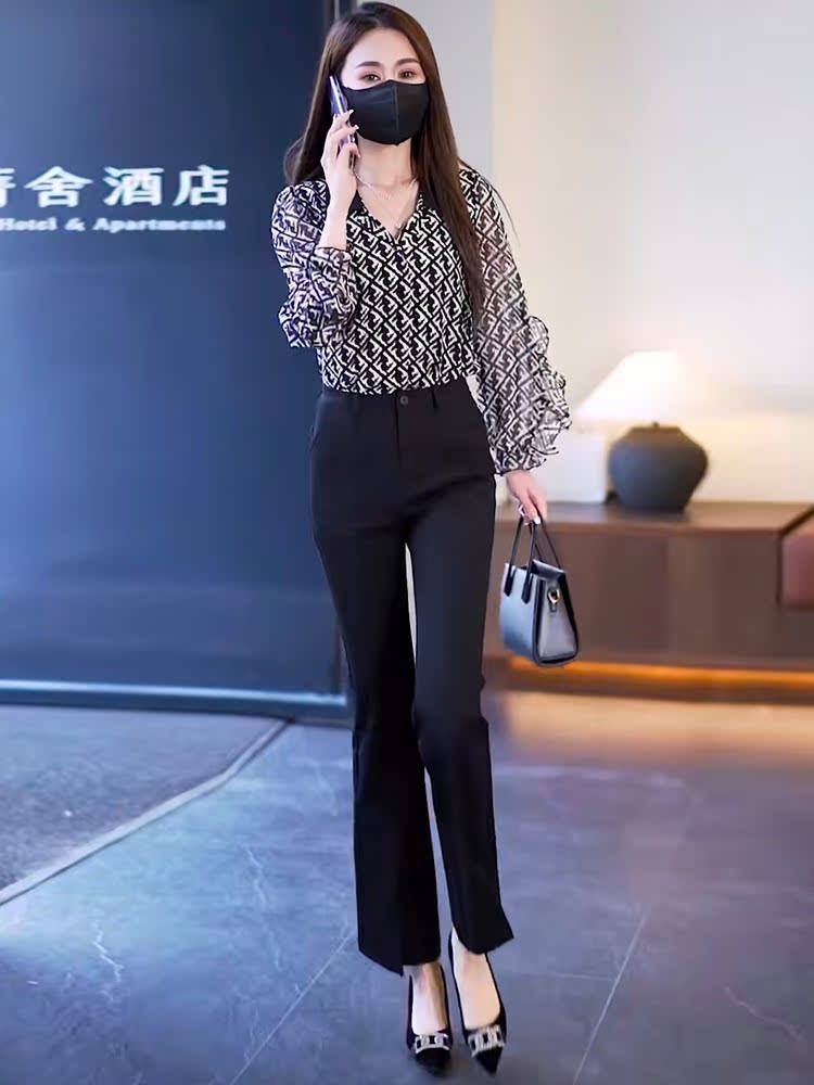 时尚雪纺衬衫套装女士洋气衬衫上衣2023秋季新款衬衣搭配微喇裤子