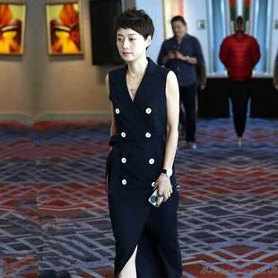 明星罗子君我的前半生马伊璃同款衣服双排扣连衣裙女无袖开叉长裙