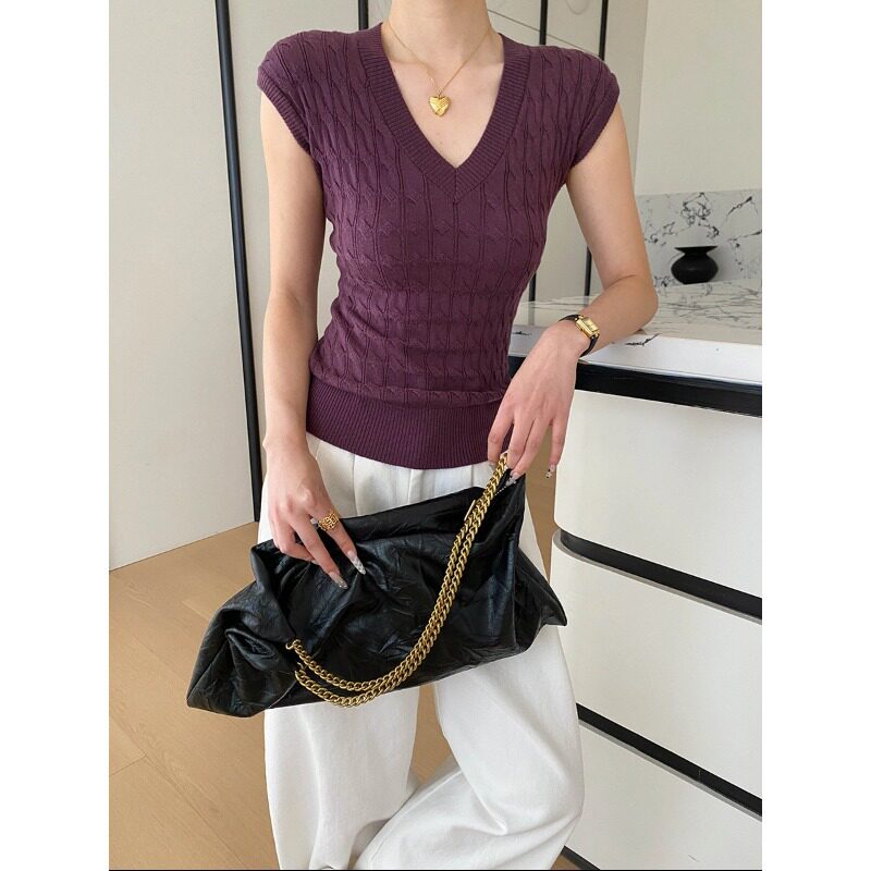 今年流行特惠司南 温柔邂逅 时髦纸片人气质V领麻花肌理包肩袖