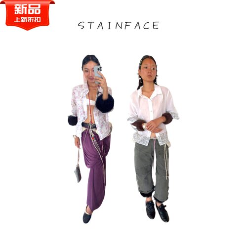 STAINFACE雀斑脸半透明纯棉轻薄超薄软糯上衣中袖衬衫复古印花