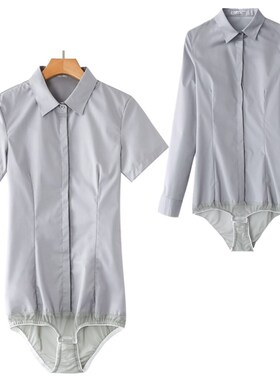 短袖连体衬衫女职业工作装面试弹力修身长袖连裤衬衣寸衫白色灰色