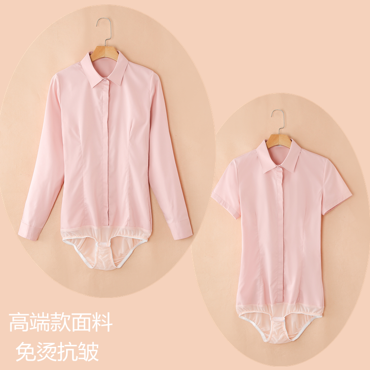 2023新款果粉色高端短袖连体衬衫女免烫抗皱连裤衬衣职业工作装潮