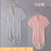 V立领灰色连体衬衫 女工作装 南航面试职业款 高端短袖 连裤 衬衣女