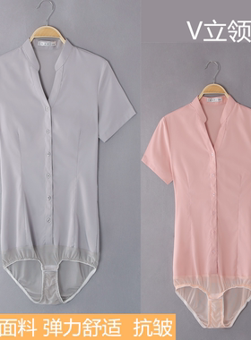 高端短袖V立领灰色连体衬衫女工作装南航面试职业款连裤衬衣女