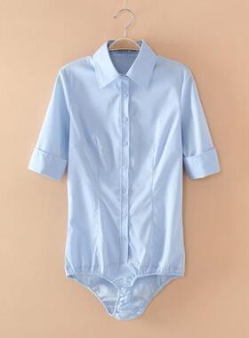 连裤衬衫通勤工装天蓝色五分袖中袖连体衬衣职业工作装翻领修身