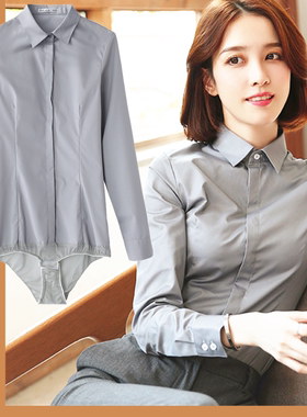 2024新款长袖连体衬衫女连裤衬衣寸衣职业工装面试灰色弹性修身