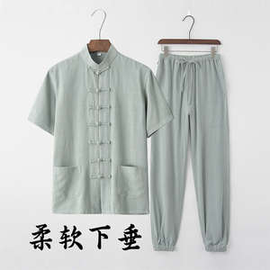 夏季薄款唐装男中老年亚麻短袖套装中式复古汉服休闲爸爸装中国风
